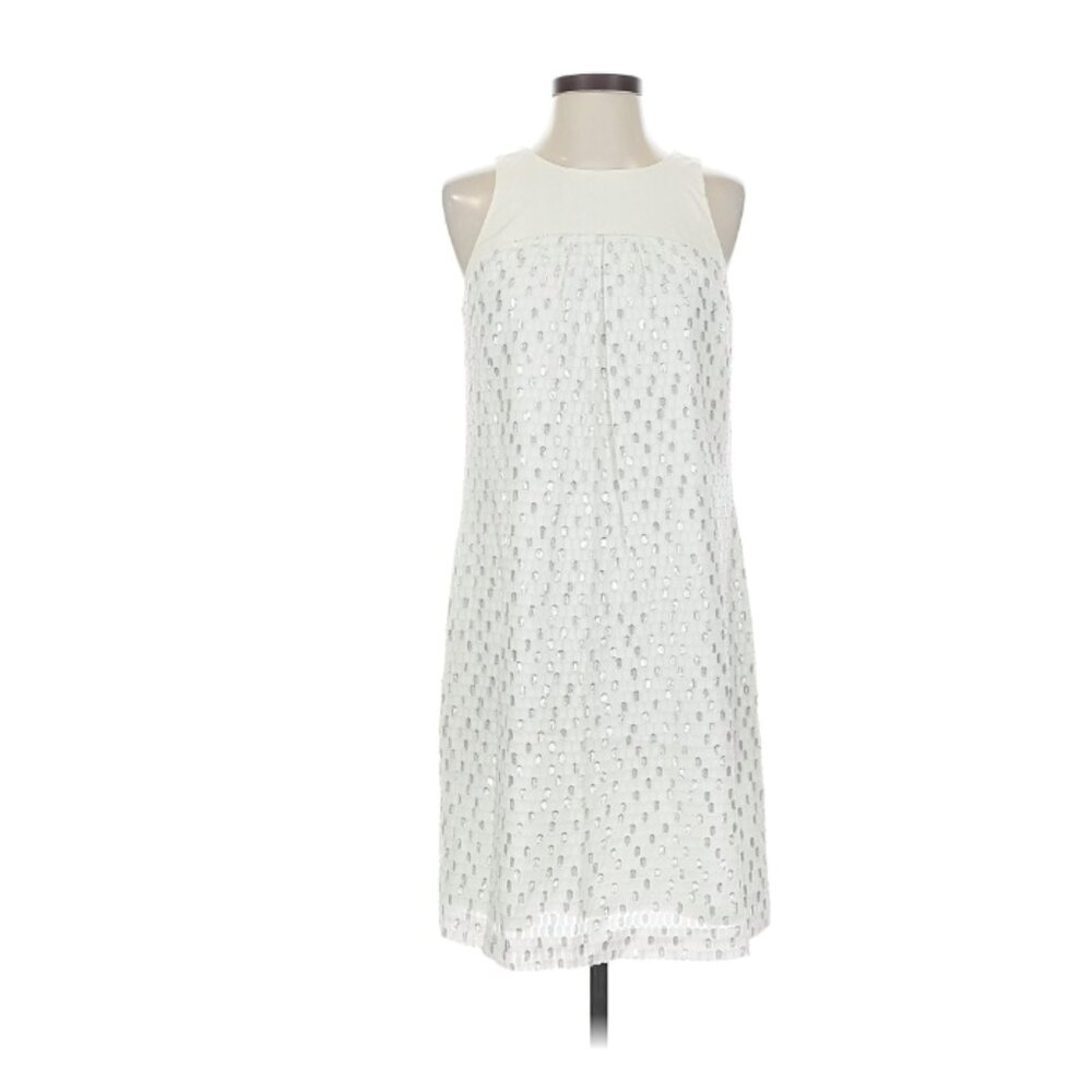 White House Black Market Silk Shift Dress in Ivory  Silver Metallic Polka Dot 6